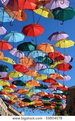 Street decorated with colored umbrellas.Madrid, Spain