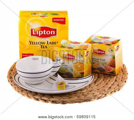 KRAKOW, POLAND - FEB 8, 2014: Studio shot packs of tea Lipton in assortment isolated on white. Lipton is a world famous brand of tea - company founded 1890 and named after its founder Thomas Lipton.