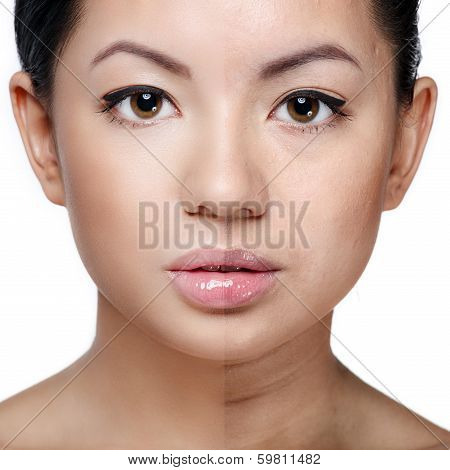 Retouch,face of beautiful young woman before and after retouch