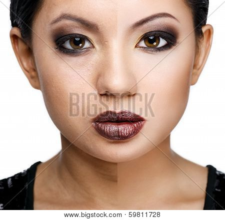 Retouch,face of beautiful young woman before and after retouch