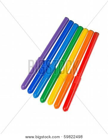 Seven Felt Pens Lie In A Row