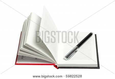 Opened Notepad With Pen Isolated On White Background
