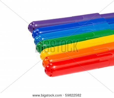 Seven Felt Pens Lie In A Row