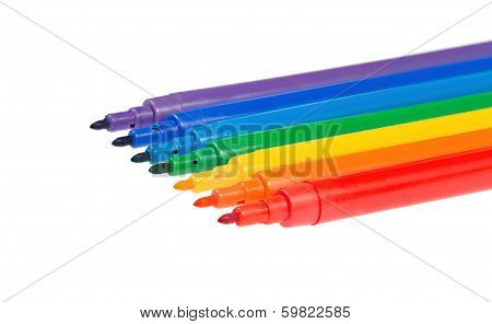Seven Felt Pens Without Cap Lie In A Row