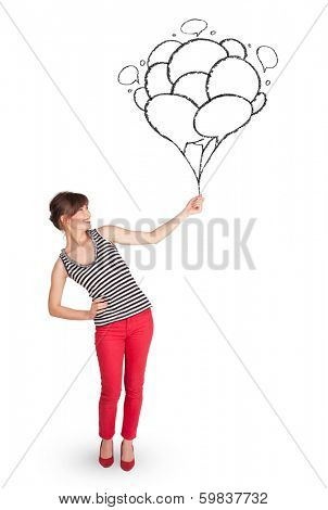 Happy young woman dolding balloons drawing
