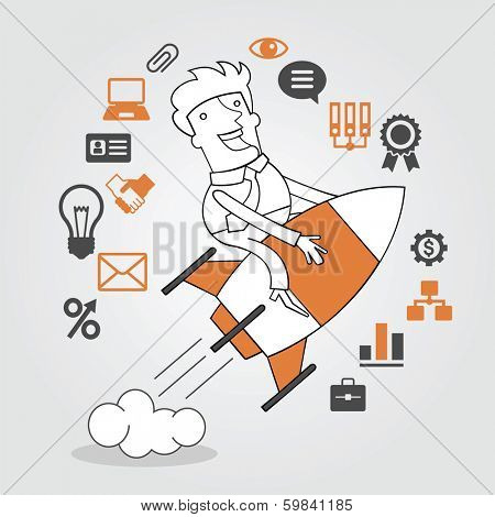   Man sitting on a rocket surrounded by icons. Concept quickly get success