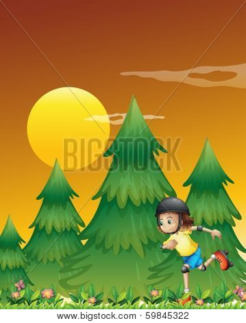 Illustration of a girl rollerskating near the pine trees