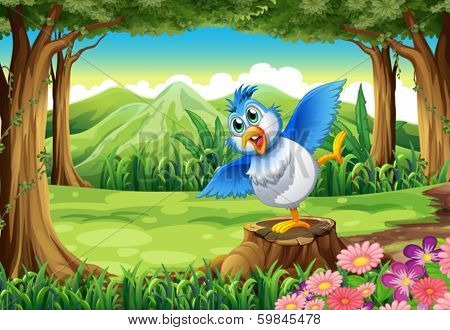 Illustration of a blue bird above the stump at the forest