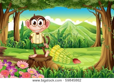 Illustration of a playful monkey above the stump at the forest with bananas
