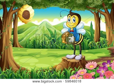 Illustration of a bee standing above the stump holding a pot