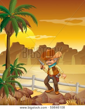 Illustration of a gunman standing above the rock near the palm trees