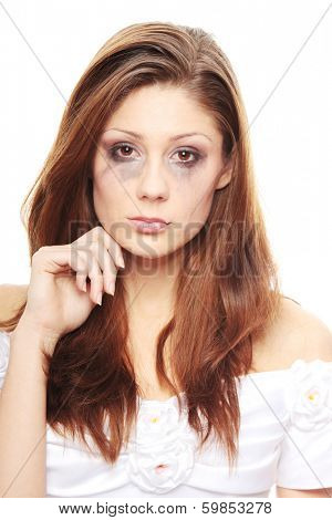 Beautiful young caucasian sad bride crying, over white background