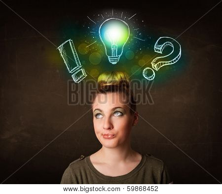 Young preety teenager with hand drawn light bulb illustration