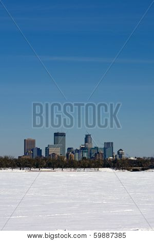 View across frozen lake Calhoun, Minneapolis, Minnesota, USA