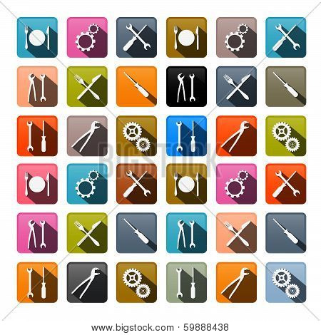 Retro Vector Icons - Cogs, Gears, Screwdriver, Pincers, Spanner, Hand Wrench Tools, Knife, Fork