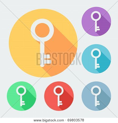 Flat style key icon with long shadow, six colors.