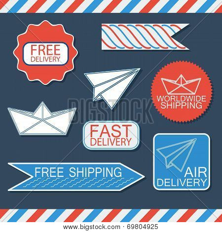 Set of delivery badges and labels. Blue,white and red signs collection. Labels isolated on backgroun