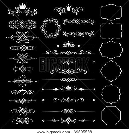 Floral design elements set, ornamental vintage frames with crowns