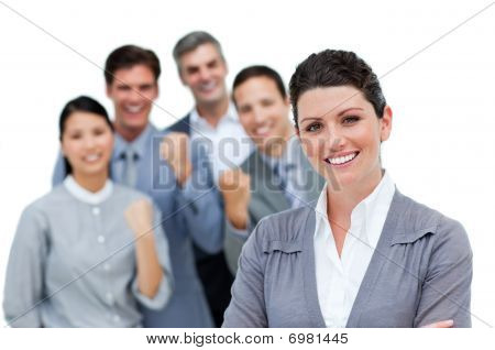 Positive Business Partners Punching The Air In Celebration