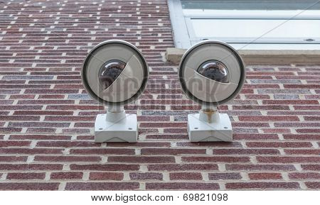 Security Cameras, Two Cctv On The Brick Wall