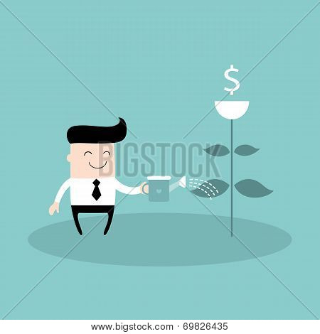 Businessman Watering Dollar Plant Business Success Concept