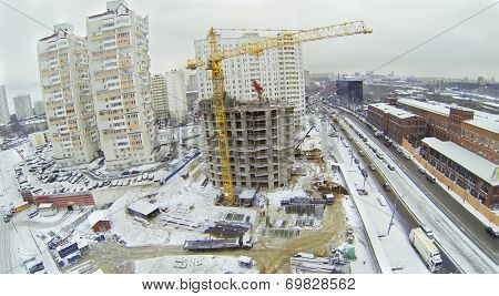 MOSCOW, RUSSIA - NOVEMBER 27, 2013: Construction of a new apartment house in the neighborhood Bogorodskoe, aerial view