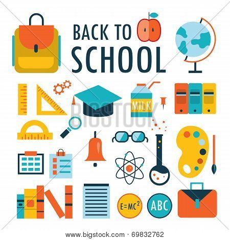 Back To School Flat Design Icons Set Isolated On White Part 1
