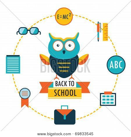 Back To School Background With Study Theme Icons Lovely Cartoon Owl