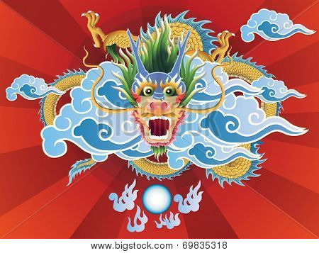 Asian Dragon And Crystal Ball On Red Background