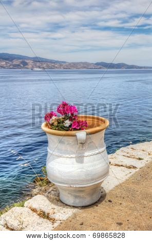 Flower Pot Over Aegean Sea In Greece