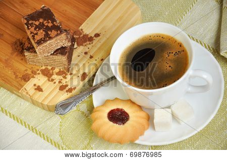 Morning Black Coffee With Biscuits And Cake
