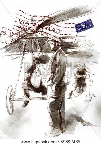 At The Airport - Postal Plane With A Pilot And Soldier