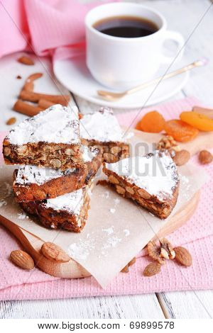 Delicious cake panforte on table close-up