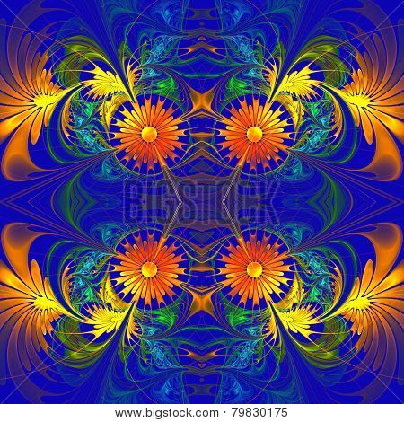 Flower Pattern. Orange And Darkblue Palette. Fractal Design. Computer Generated Graphics.