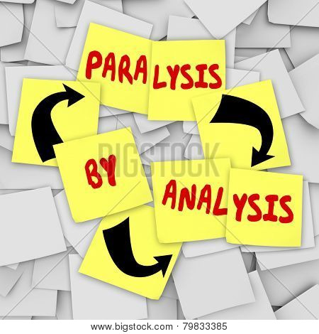 Paralysis by Analysis words on sticky notes to illustrate overthinking a problem in a committee or organization and not being able to reach a decision
