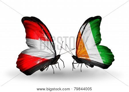 Two Butterflies With Flags On Wings As Symbol Of Relations Austria And Cote Divoire