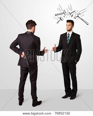 Ruthless businessman hiding a weapon white drawn beating hammer marks 