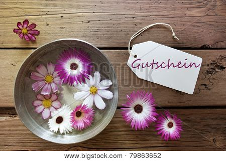Silver Bowl With Cosmea Blossoms With German Text Gutschein