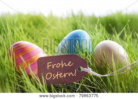 Happy Easter Background With Colorful Eggs And Label With German Text Frohe Ostern