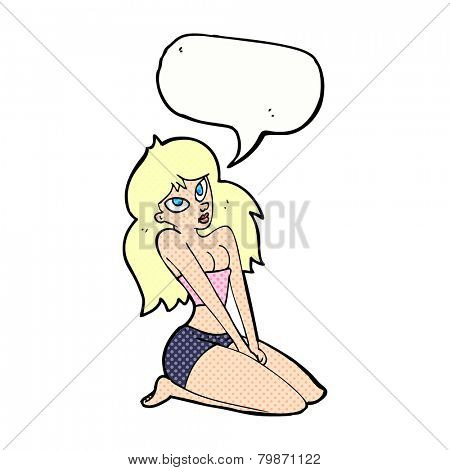 cartoon woman in skimpy clothing with speech bubble