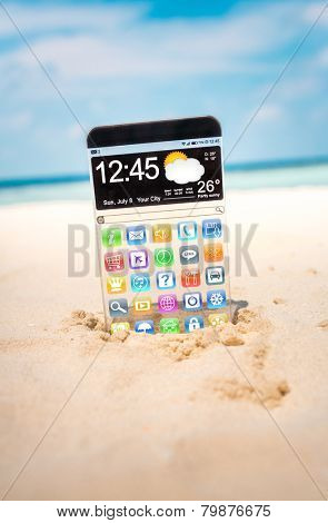 Futuristic Smart phone (phablet) with a transparent display in the sand on the beach. Concept actual future innovative ideas and best technologies humanity.