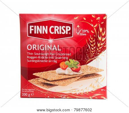 DEPEW, OK, USA - January 11th, 2015: Box of Finn Crisp thin sourdough rye bread made by Vaasan Oy. Vaasan Oy is the largest thin crisp producer in the world. It was founded in 1849 in Vaasa, Finland.
