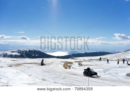 Skiers Enjoy The Snow At Kaimaktsalan Ski Center, In Greece. Recently At The Ski Center Every Lift H