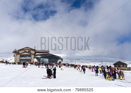 Skiers Enjoy The Snow At Kaimaktsalan Ski Center, In Greece. Recently At The Ski Center Every Lift H