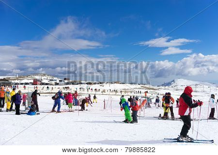 Skiers Enjoy The Snow At Kaimaktsalan Ski Center, In Greece. Recently At The Ski Center Every Lift H