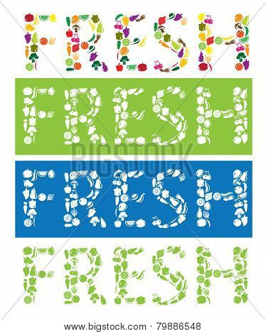 Fresh Text Using Vector Fruit And Vegetables Icons.