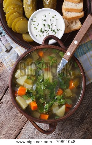 Rassolnik Soup With Cucumber Closeup Top View
