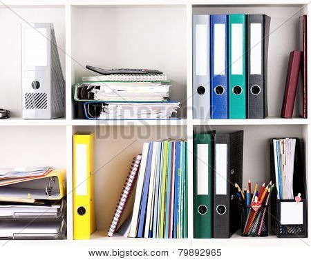 File folders, standing on the shelves at office