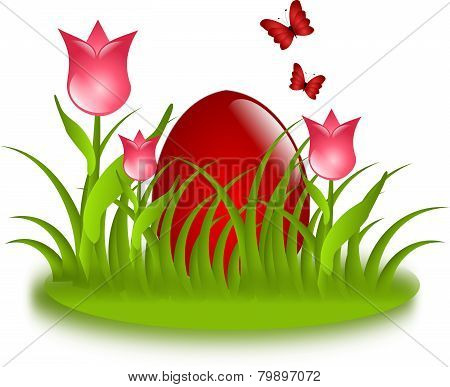 Red Egg In Grass With Tulips