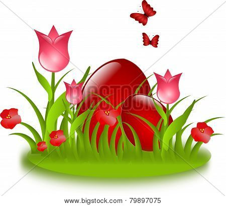Red Easter Eggs In Grass With Flowers And Butterflies